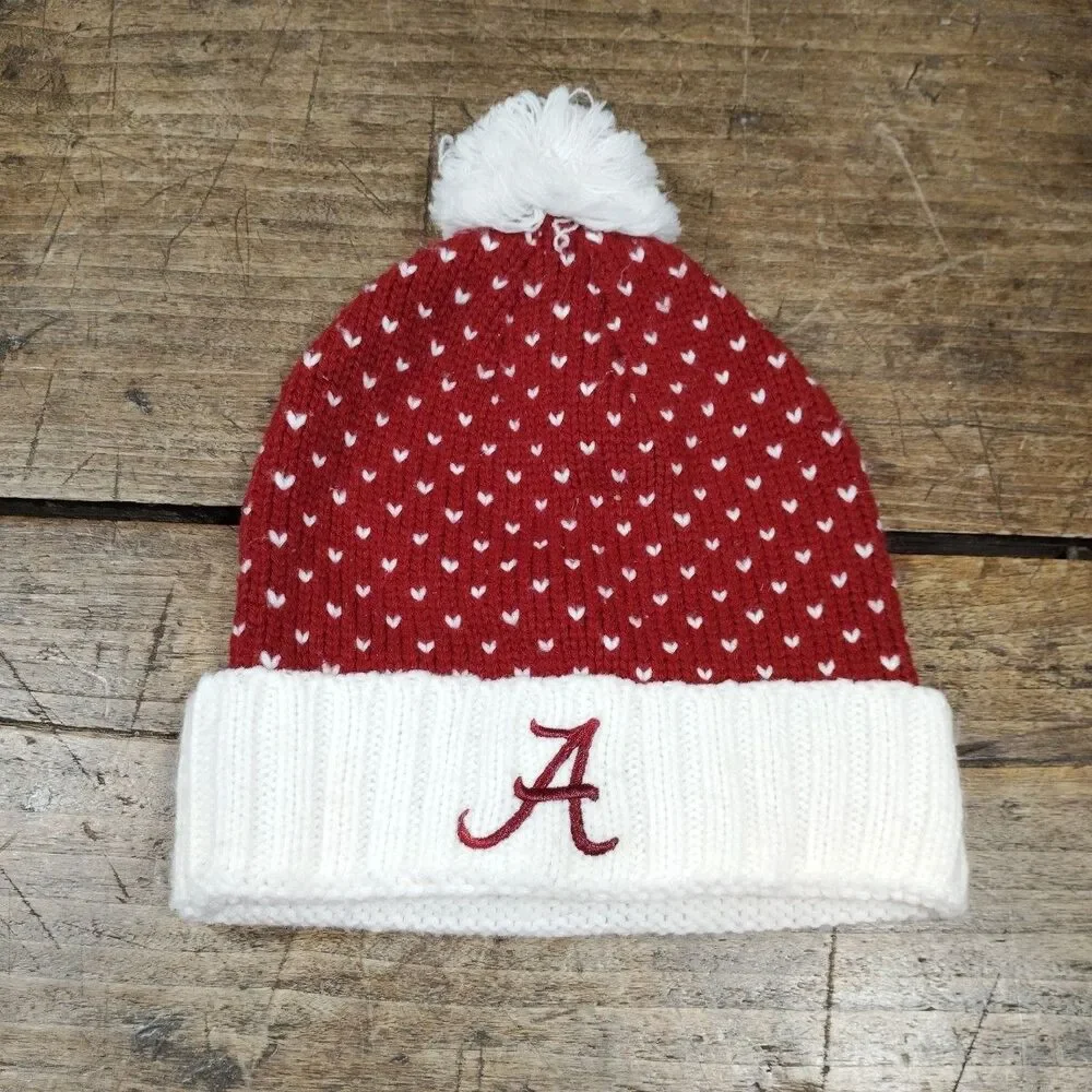 NIKE Alabama Crimson Tide Football Knit Pom Cap White Red Heart Winter One Size